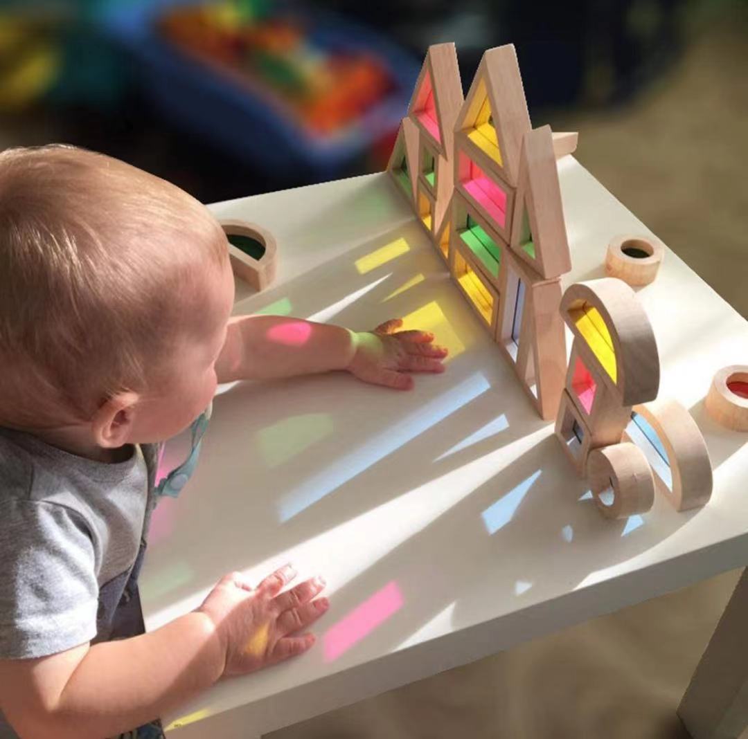 24 Pcs Rainbow Acrylic Sensory Wooden Building Blocks