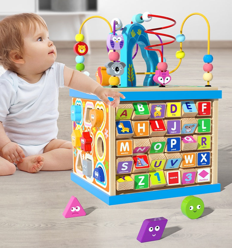 Wooden Activity Cube Toy β Multi-Functional Bead Maze and Educational Play Center