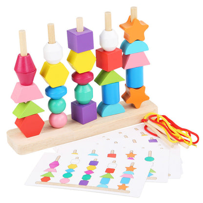Wooden children's puzzle bead toys with five sets of column colors, sensory enlightenment, shape perception, and building block toys