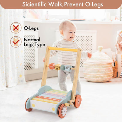 Wooden Baby Walker Push Toy – Educational Activity Cart with ABC Blocks