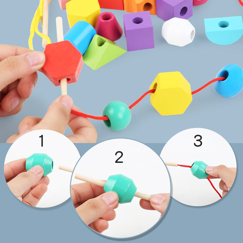 Wooden children's puzzle bead toys with five sets of column colors, sensory enlightenment, shape perception, and building block toys