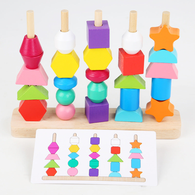 Wooden children's puzzle bead toys with five sets of column colors, sensory enlightenment, shape perception, and building block toys