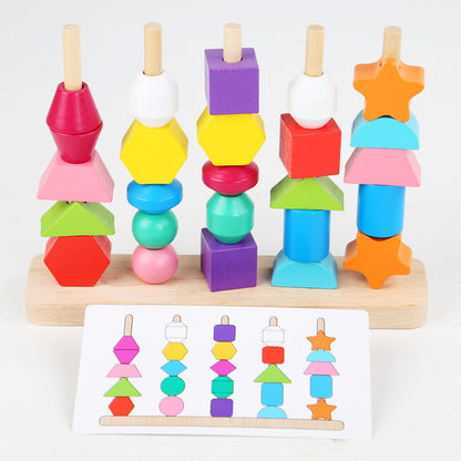 Wooden children's puzzle bead toys with five sets of column colors, sensory enlightenment, shape perception, and building block toys