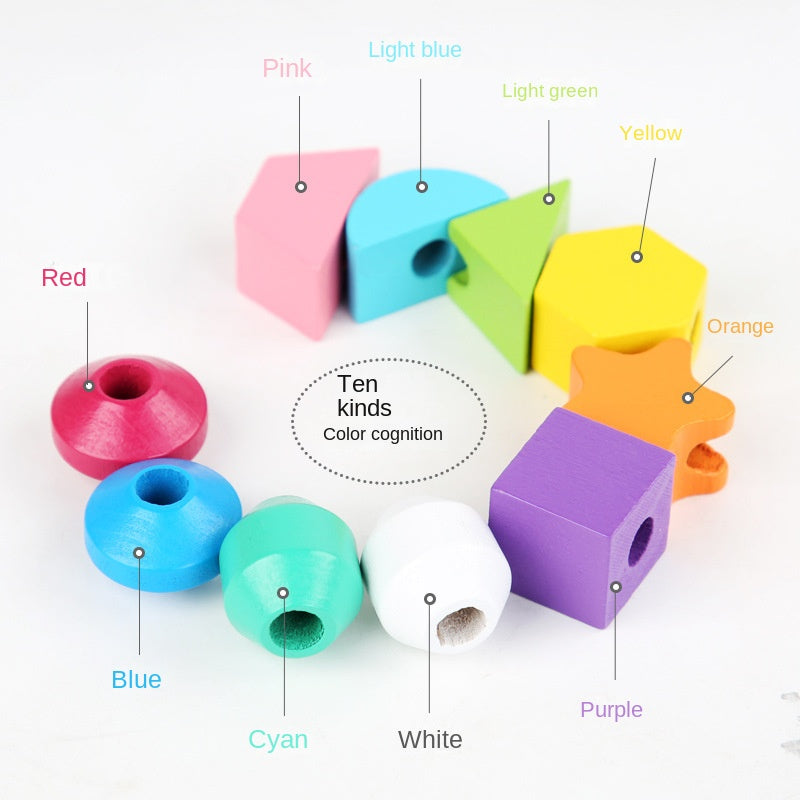 Wooden children's puzzle bead toys with five sets of column colors, sensory enlightenment, shape perception, and building block toys