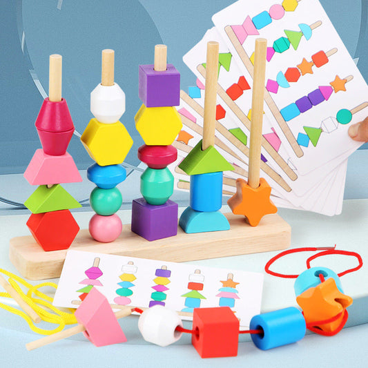 Wooden children's puzzle bead toys with five sets of column colors, sensory enlightenment, shape perception, and building block toys