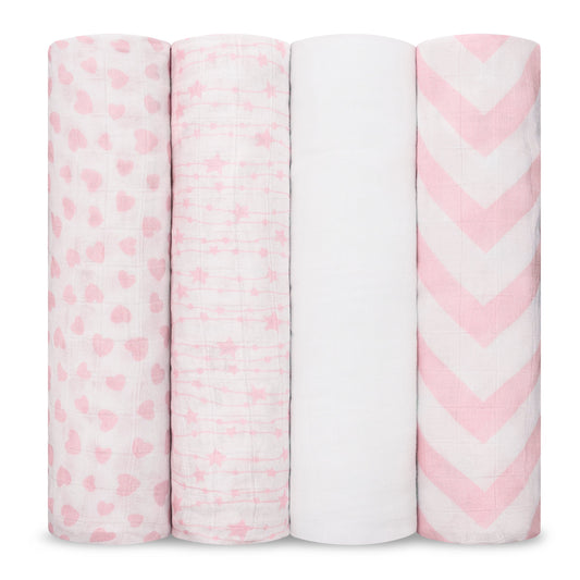 4 Pack Muslin Swaddle Blankets - Pink