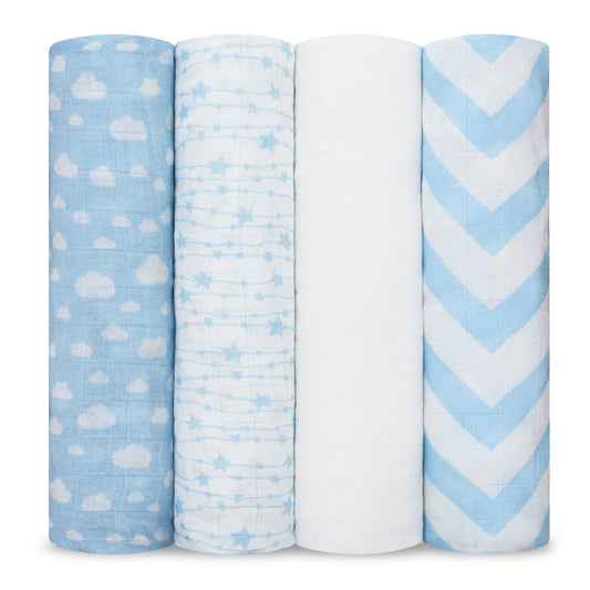 4 Pack Muslin Swaddle Blankets - Blue